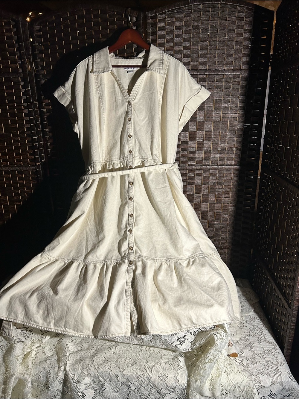 Ava & Viv Cream Button-Front Tiered Midi Shirt Dress